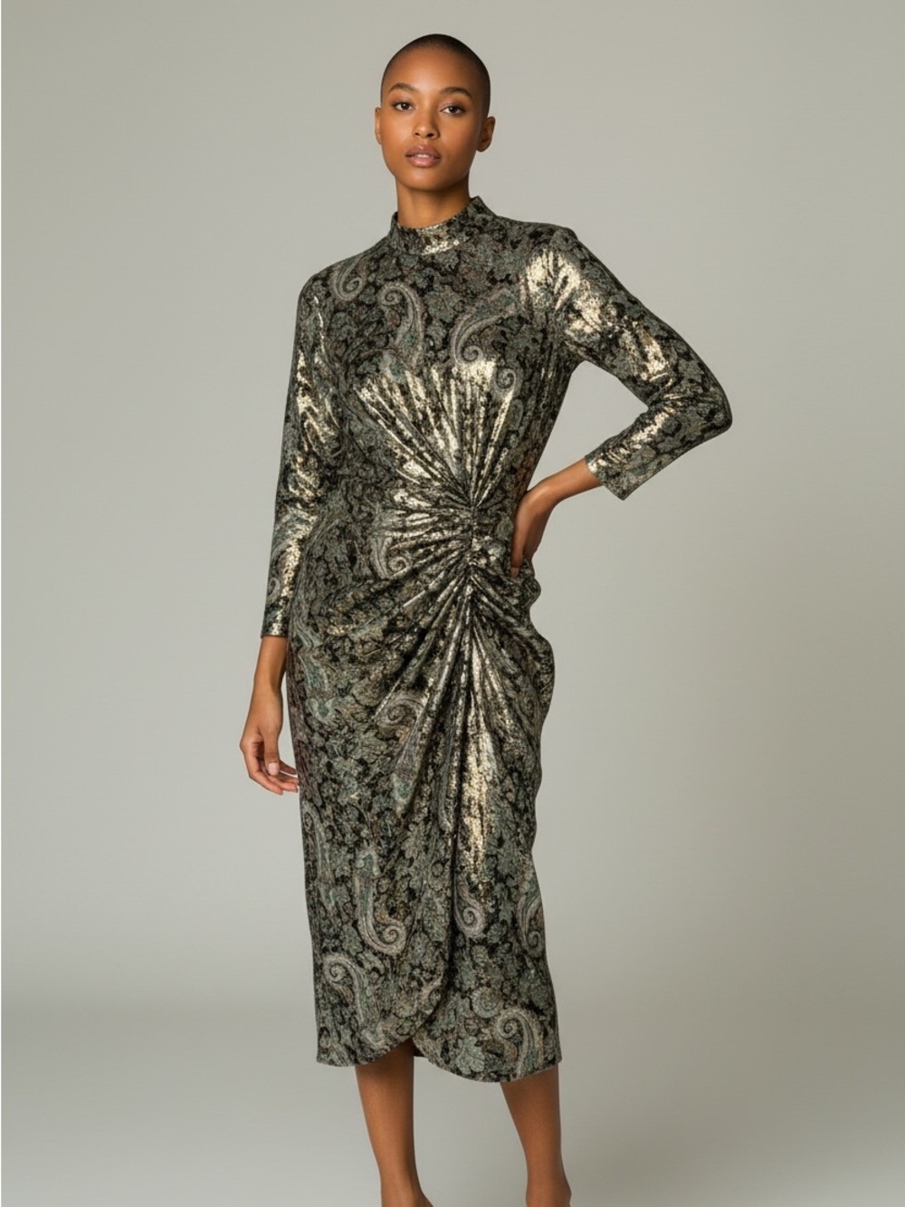 Sandro Paris Long-Sleeve Metallic Paisley Twist-Front Midi Dress - Silver Green